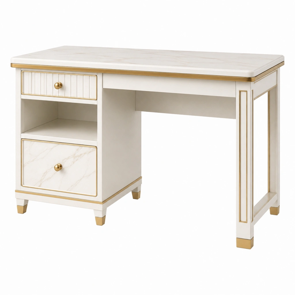 Scrivania 120 x 55 x 76 cm bianca effetto marmo con cassetti e finiture dorate