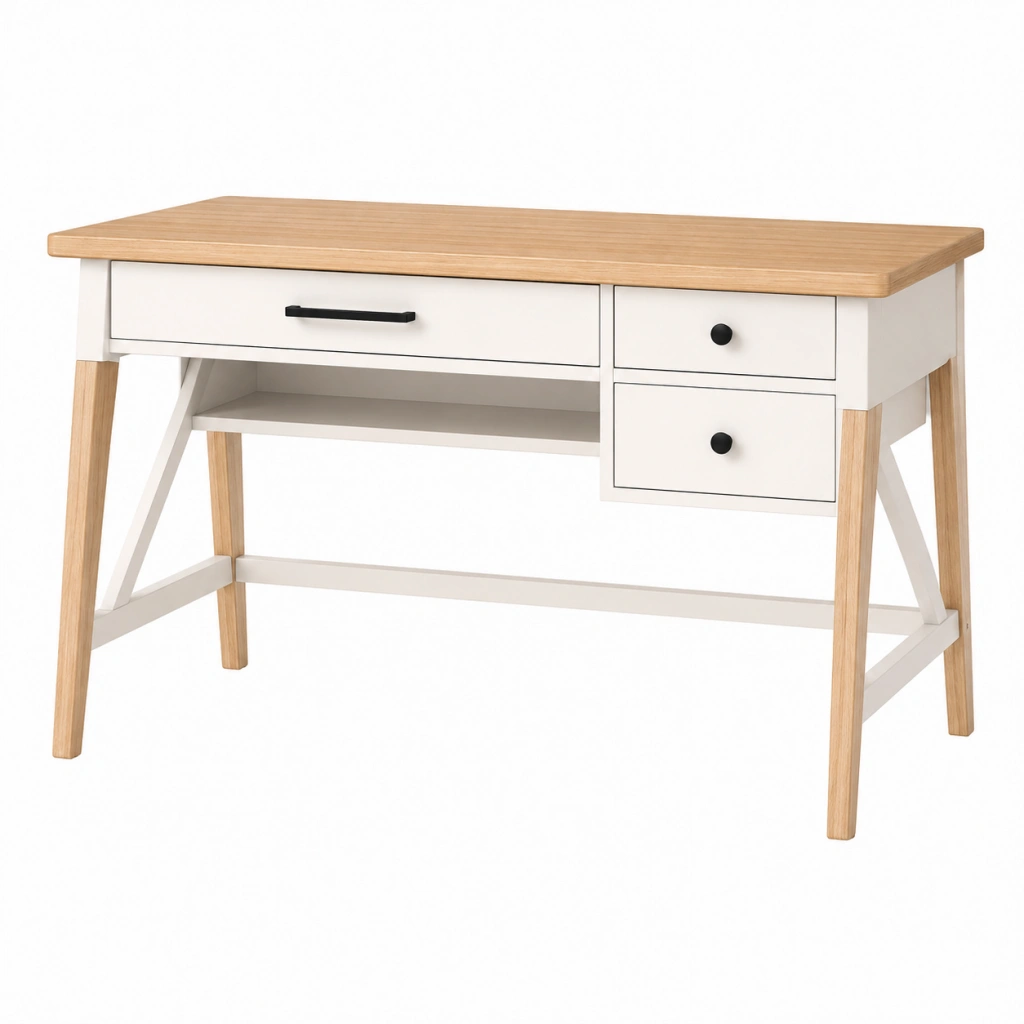 Scrivania 120 x 60 x 75 cm in legno bianco e naturale con 3 cassetti stile scandinavo