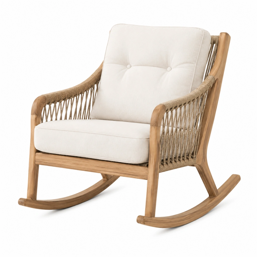 Sedia a dondolo 72 x 95 x 98 cm in legno naturale e corda con cuscini ecru - stile boho