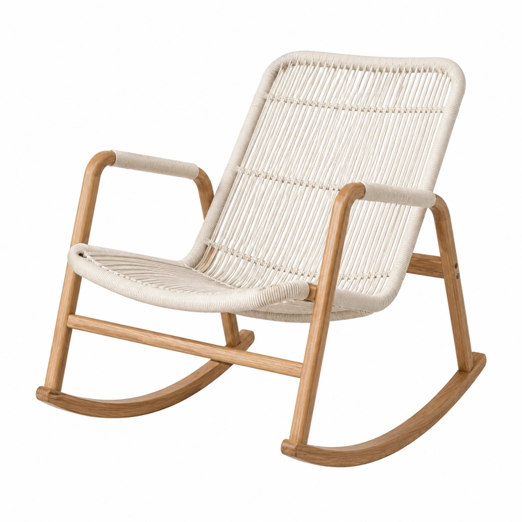 Sedia a dondolo 105 x 65 x 95 cm in legno e corda beige stile naturale