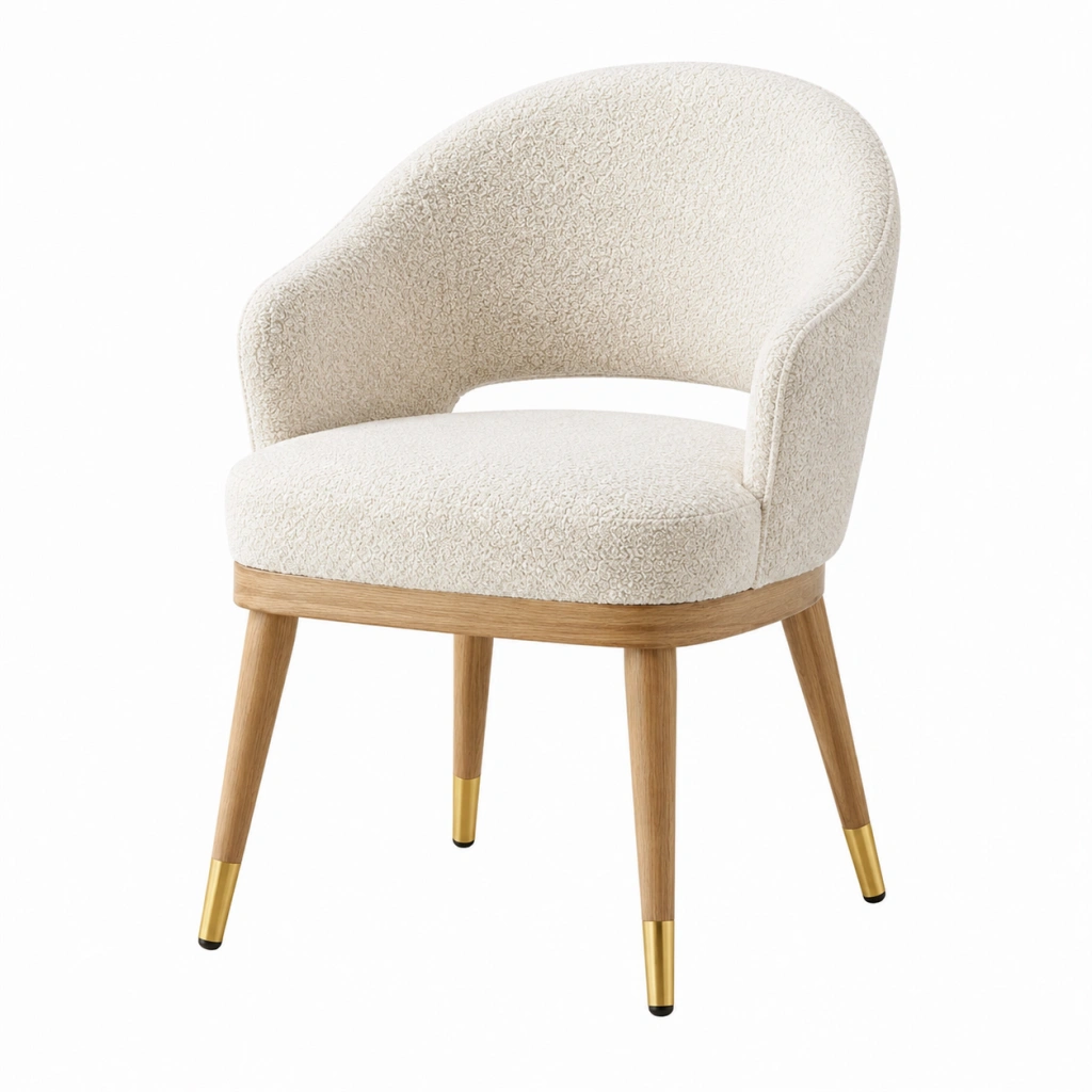 Sedia imbottita 60 x 60 x 80 cm in tessuto bouclé avorio con gambe in legno stile moderno