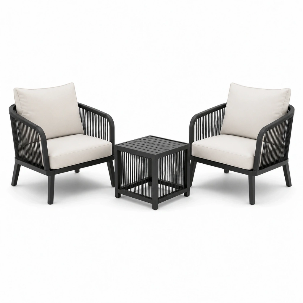 Set mobili da giardino 3 pezzi in metallo nero e tessuto beige - 2 poltrone 65 x 70 x 78 cm con tavolino 50 x 50 x 45 cm stile moderno