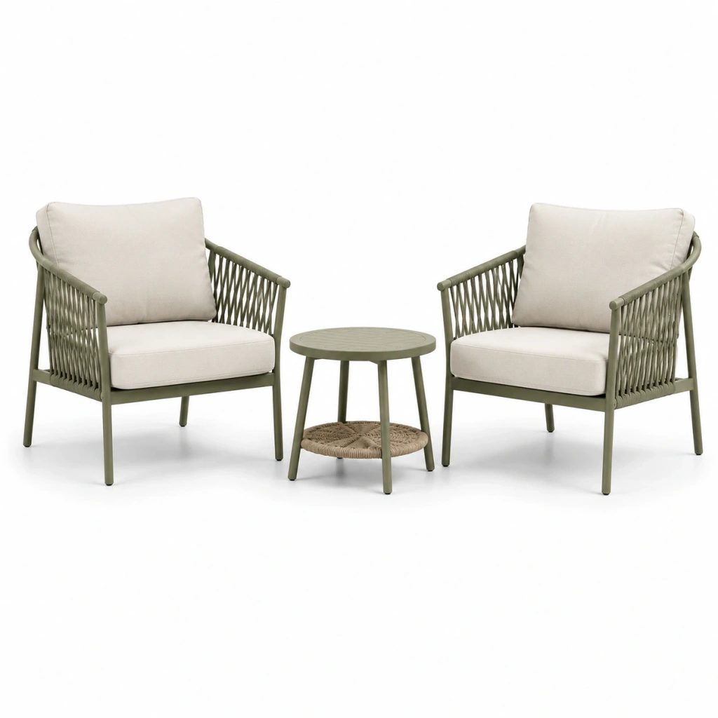 Set da giardino con 2 poltrone e tavolino 65 cm in metallo verde salvia stile intrecciato