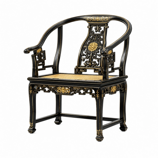 Poltrona 65 x 58 x 98 cm in legno nero e oro con seduta intrecciata stile classico