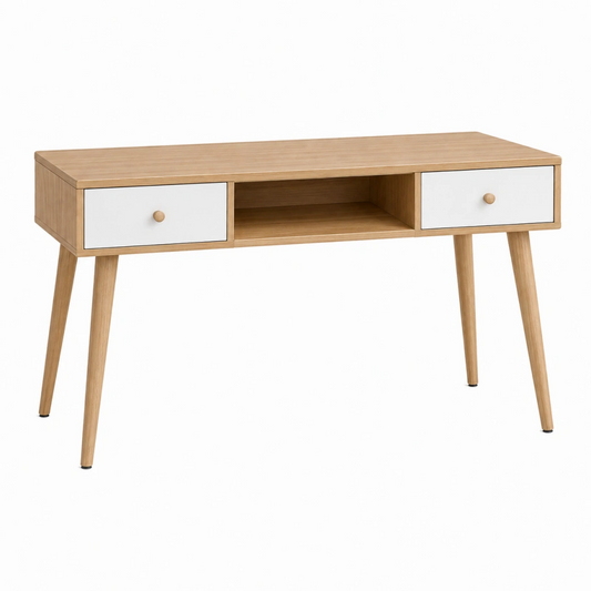 Scrivania 120 x 40 x 75 cm in legno naturale e bianco con 2 cassetti stile nordico
