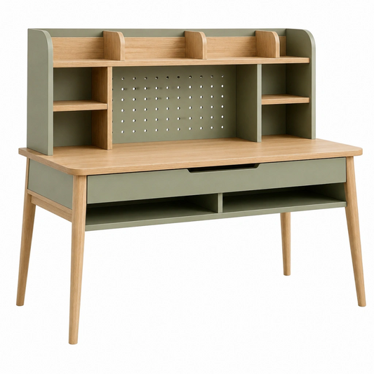 Scrivania 100 x 55 x 120 cm in legno naturale e verde salvia con organizer e cassetto