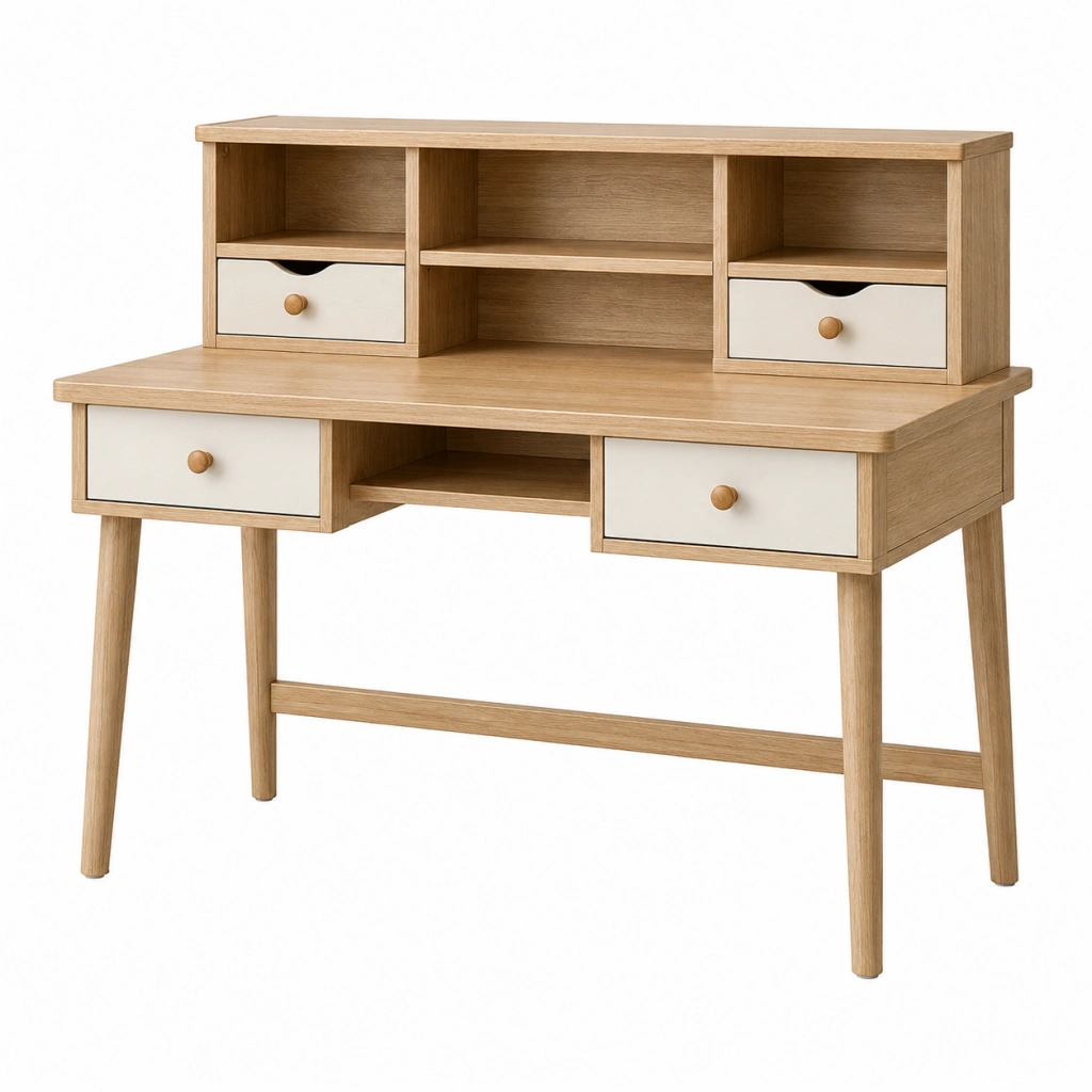 Scrivania con alzata 120 x 60 x 100 cm in legno marrone e bianco con cassetti stile nordico