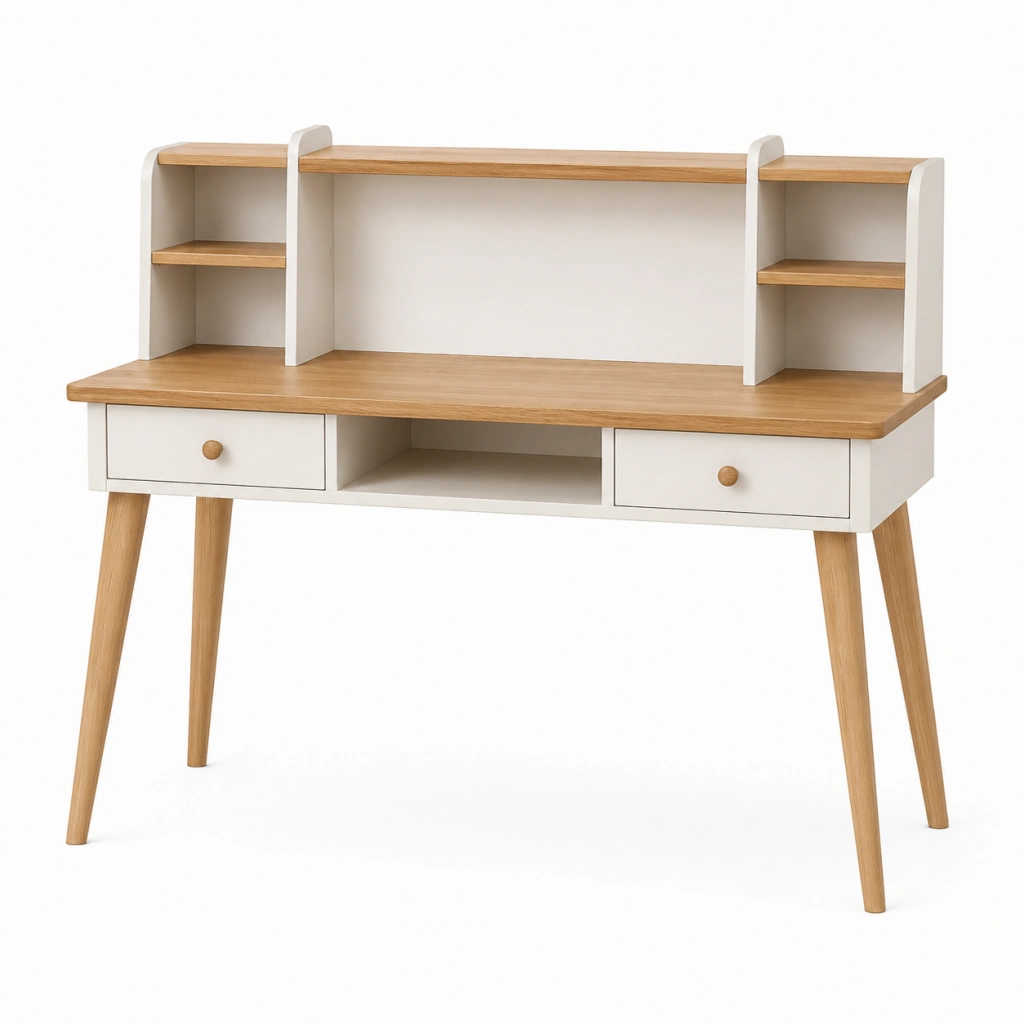 Scrivania con alzata 120 x 60 x 120 cm in legno bianco e naturale con cassetti stile nordico