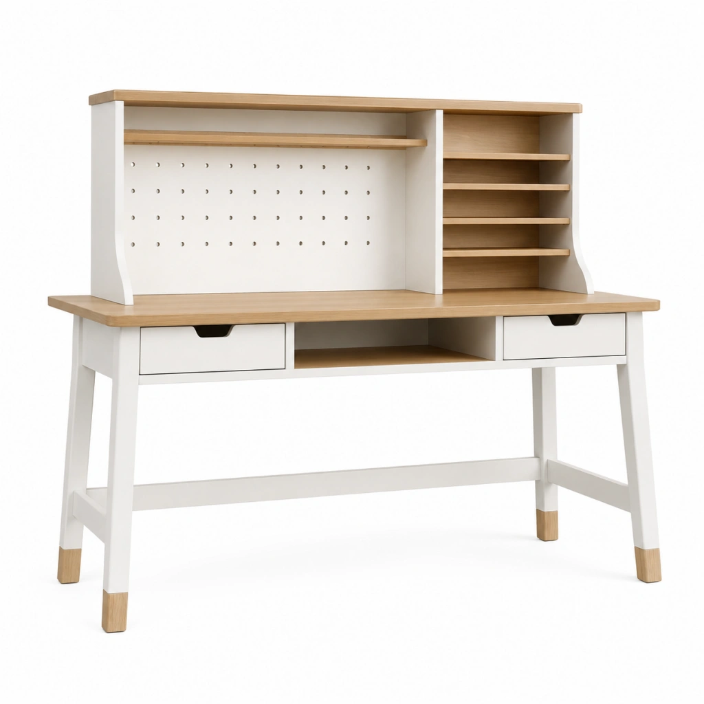 Scrivania con alzata 120 x 60 x 145 cm in legno bianco/naturale - postazione studio con cassetti e pannello forato