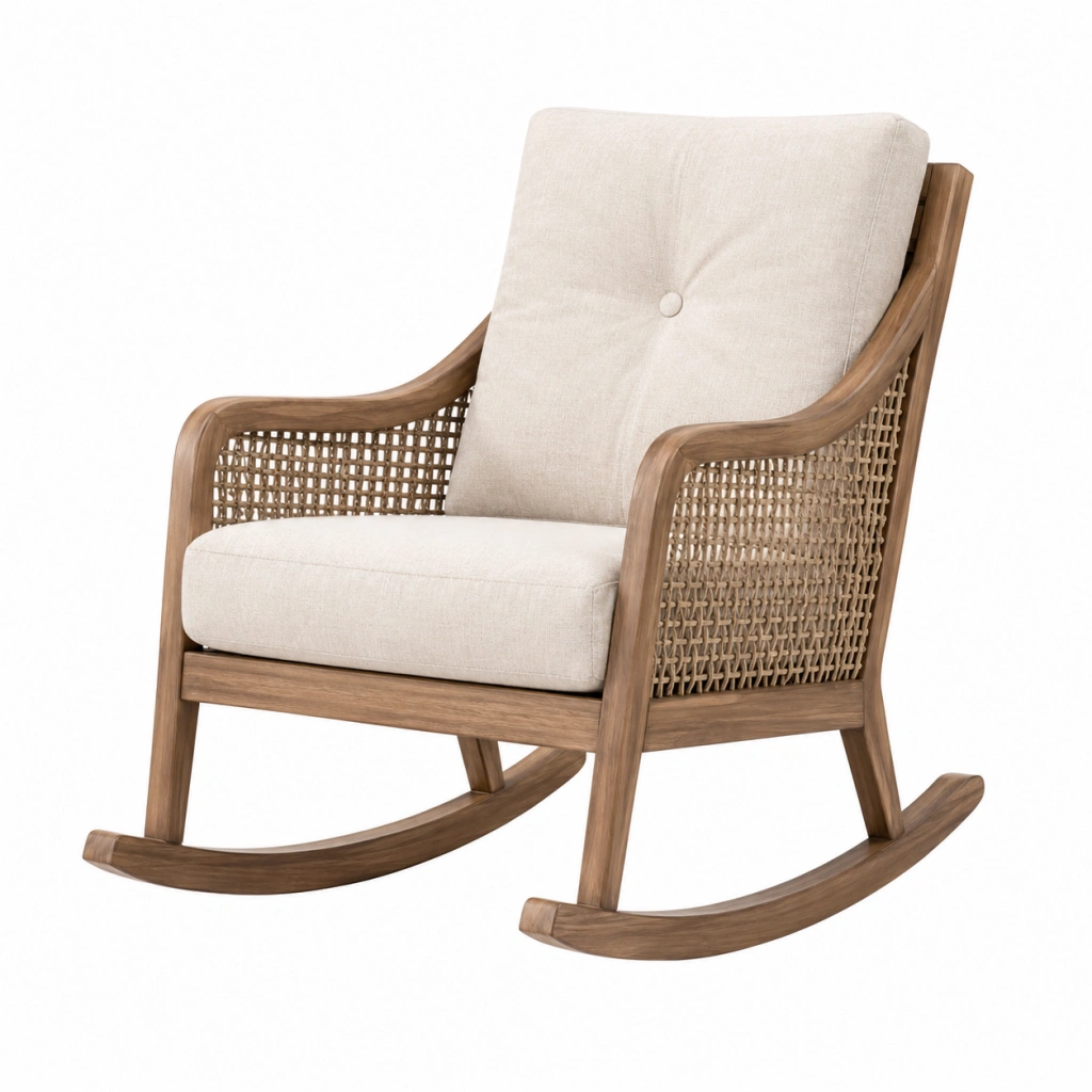 Sedia a dondolo 70 x 95 x 100 cm in legno marrone e rattan con rivestimento beige