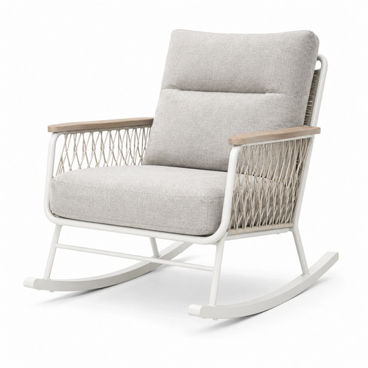 Sedia a dondolo 80 x 93 x 98 cm in metallo bianco e tessuto beige con corda intrecciata per relax