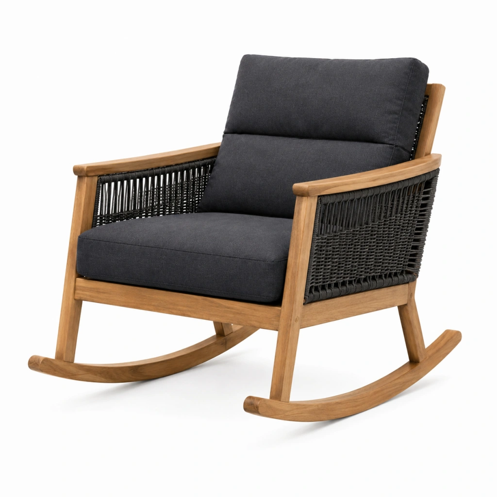 Sedia a dondolo 75 x 95 x 100 cm in legno naturale e corda nera con seduta imbottita