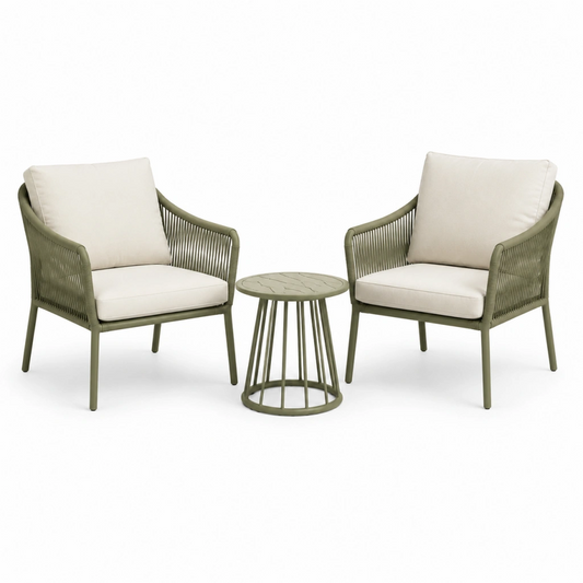 Set da giardino con 2 poltrone e tavolino in metallo verde e corda intrecciata - poltrone 65 x 70 x 82 cm