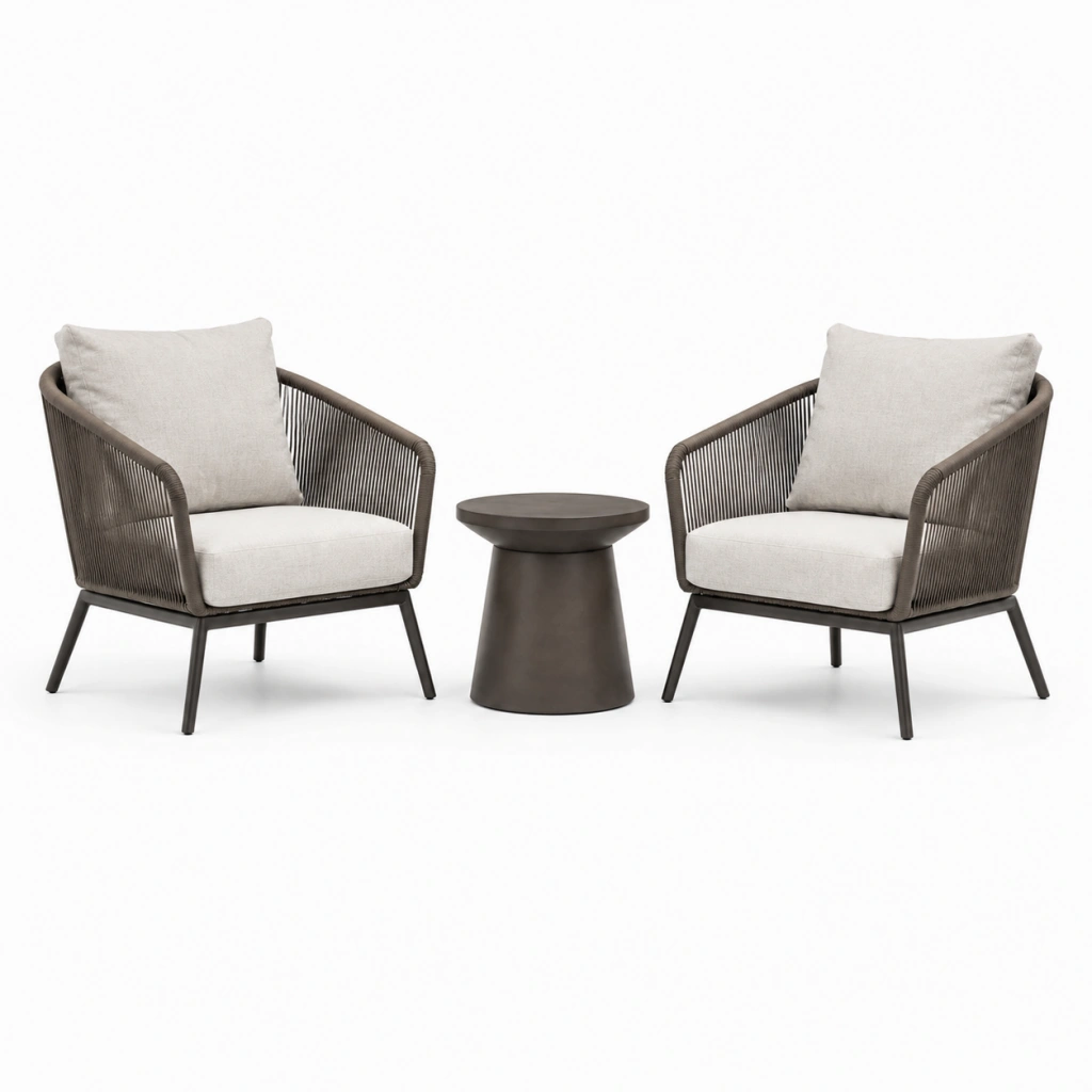 Set da giardino 2 poltrone e tavolino diametro 50 cm marrone e avorio in metallo e corda stile contemporaneo