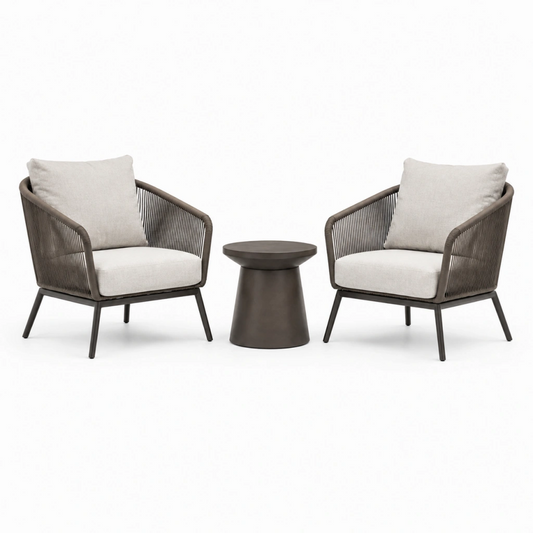 Set da giardino 2 poltrone e tavolino diametro 50 cm marrone e avorio in metallo e corda stile contemporaneo