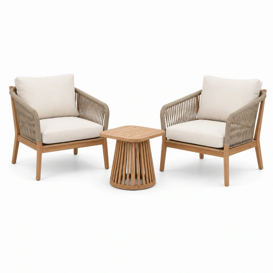 Set da giardino 2 poltrone e tavolino 60 cm in legno beige con corda intrecciata