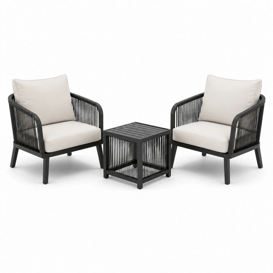 Set mobili da giardino 3 pezzi in metallo nero e tessuto beige - 2 poltrone 65 x 70 x 78 cm con tavolino 50 x 50 x 45 cm stile moderno